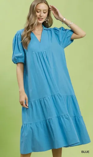 Umgee Solid Tiered Midi Dress‎ - Blue - Small thumbnail 1