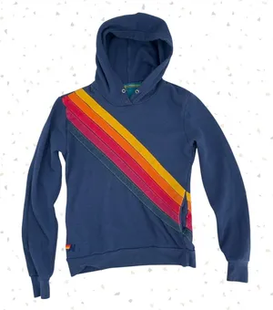 Aviator Nation 5 Stripe Pullover Hoodie Navy Blue Retro Rainbow Pockets Size XS thumbnail 1