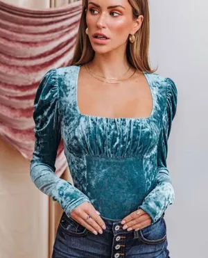 Vici New - Dina Velvet Puff Sleeve Top - Teal thumbnail 1