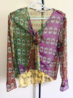 Zara Women Multi Color Patchwork Geometric Print Tie Front Beaded Blouse Medium thumbnail 1