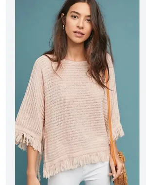 Anthropologie Akemi & Kin Frenchie Fringed Poncho Sweater Pink NEW Size Medium thumbnail 2