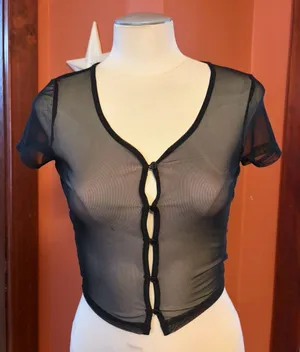 5/$25‼️Heart Hips Black Sheer Short-Sleeve Cropped Mesh Button Top thumbnail 1
