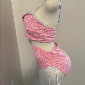 Pink Floral High-Waist Bikini Set with Ruffle Trim NWOT XL thumbnail 5