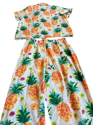 Sleep Sense Ivory Tropical Pineapple Print Pajama Set Shirt Pants Small Women's thumbnail 8