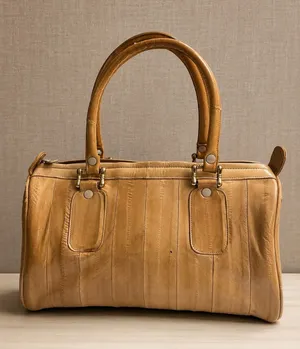 VTG Camel Eel Skin Leather Satchel Top Handle Tote Bag Neutral Minimalist thumbnail 1