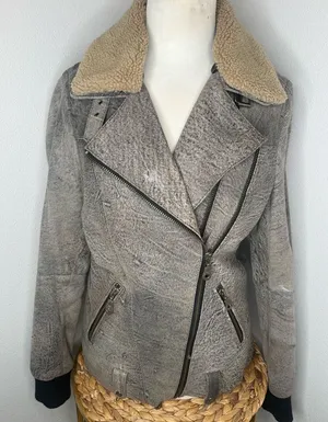 ASOS Gray Bomber Suede Leather Jacket Moto faux Sherpa Shearling Collar thumbnail 1