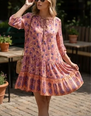Petal + Pup Mini Dress 4 Peach Floral Paisley Tiered‎ Boho Cottagecore Pockets thumbnail 1