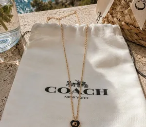 Coach Heart Pendant Necklace Gold Logo Charm w/ Pouch Tag authentic cute gift thumbnail 1