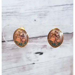 Vintage Clip On Earrings - 5/8" Oval Shape with Butterfly & Flowers Design thumbnail 3