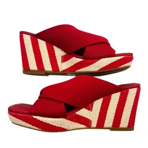 Vivaia Laura square-toe wedge sandals in ruby‎ red striped platform sz 35 thumbnail 3