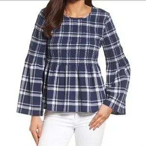 Caslon Plaid‎ Smocked Peplum Bell Sleeve Top Size M thumbnail 1