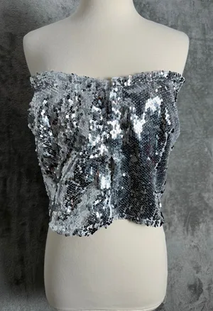 PrettyLittleThing Silver Sequin Corset Top Strapless Hook & Eye Bustier 22‎ New thumbnail 1