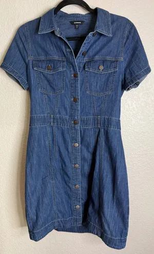 Express Womens‎ S Blue Denim Shirt Dress Short Sleeve Button Front Mini Preppy thumbnail 1