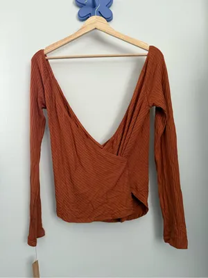 Reformation Large NEW Minnie Top Cider Cinnamon Rib Fitted Surplice Fall Autumn thumbnail 3