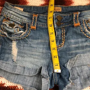 Y2K 2000s Micro Mini Baddie Low Rise Denim Jean Shorts Bedazzled Khaki Brown Stitching Ripped Distressing Cuffed Hem-Size 29 #wings #gothic #whimsygoth #cross #angel cyber punk biker thumbnail 6