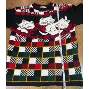 Vintage Dana Scott Christmas Cat Plaid Knit Sweater Holiday Black Red Size Small thumbnail 7