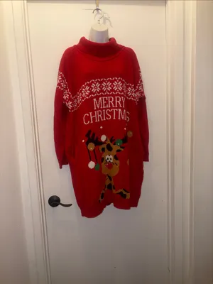 Red Long-Sleeve Holiday Sweater Dress - 'Merry Christmas' XL thumbnail 2