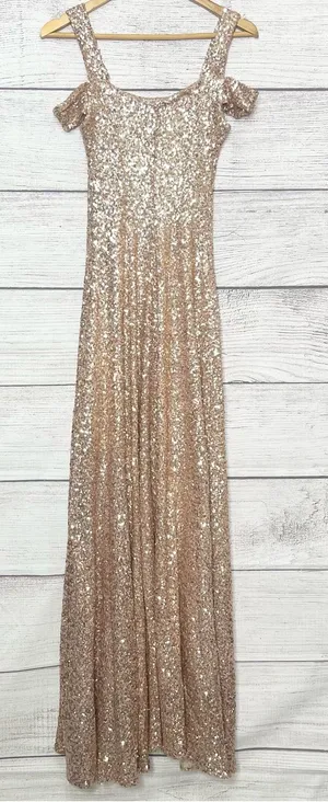 Couture Gold Sequin Sparkling Off Shoulder Formal Evening Gown Size Small Tall thumbnail 1