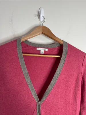 Banana Republic Cashmere Wool Raspberry V-neck Button-down Cardigan Grey Trim S thumbnail 3