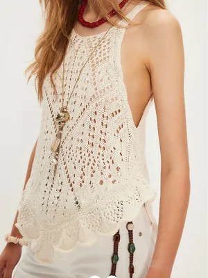 Free People Sea Song Sheer Crochet Knit Scalloped Longline Tank Top Size L thumbnail 11