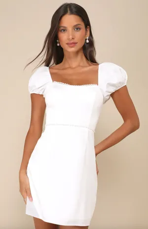 Lulus Adorable Poise White Pearl Puff Sleeve Mini Dress Satin Party Large NWT thumbnail 1