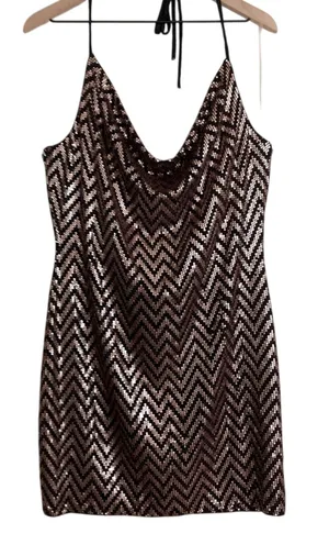Curvy Sense Sequin Zigzag Striped Black Rose Gold Halter Bodycon Mini Dress 2X thumbnail 1