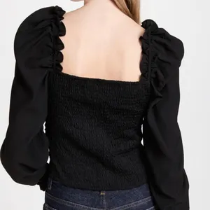 ASTR the Label Ruched Smocked Back Long Sleeve Top Ruffle Solid Black Classy S thumbnail 2