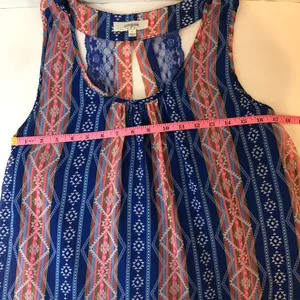 Umgee boho sleeveless striped Aztec print lace back keyhole flowy mini dress thumbnail 7