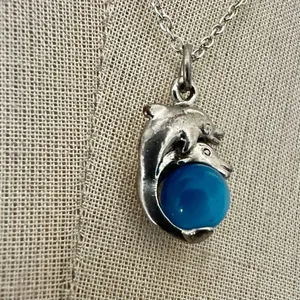 Vintage Dolphin Pendant Necklace with Blue Glass Orb thumbnail 5