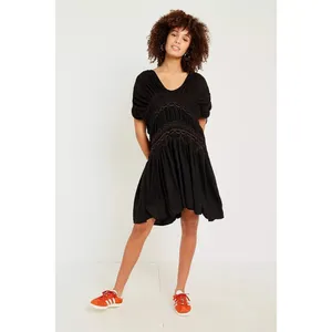Free People Black Rainbow Smocked Boho Mini Dress S Ruched‎ Embroidered NWT thumbnail 6