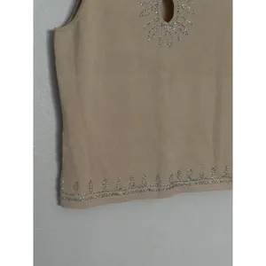 Vintage Silk Keyhole Stretch Knit Rhinestone Y2K Tank Top Beige Silver Boho Chic thumbnail 3