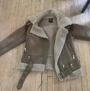 Zara Taupe Suede-Look Shearling Moto Jacket thumbnail 1