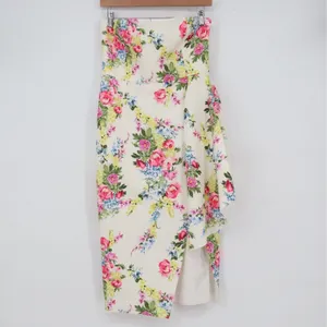 ASOS Floral Strapless Midi Dress Cream Pink Yellow Ruffle Wrap Size 8 NEW thumbnail 2