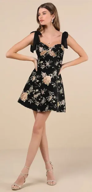 Lulus Exceptional Black Floral Tie Strap Tapestry Mini Dress Women Large New NWT thumbnail 1