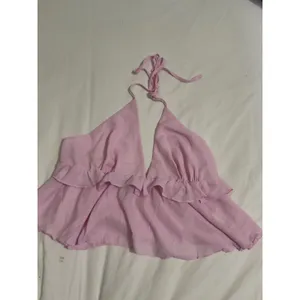 UUE Pink Halter Babydoll Top Open Back Flowy Ruffle Blouse Size XL thumbnail 2
