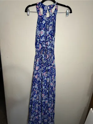 Abel The Label Blue Pink Floral Tie Back Bell Cottage Front Slit Maxi‎ Dress thumbnail 7
