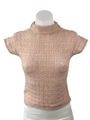 Zara Women's Pink Lace Floral Short Sleeve Mock Neck Knit Blouse Top Size L thumbnail 1