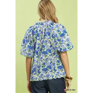 Umgee Floral Puff Sleeve Blouse with Scalloped Details‎ - Medium thumbnail 3