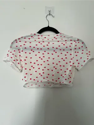 SKIMS White Red Heart Print Sheer Mesh Fits Everybody Picot Crop Tee Small thumbnail 5