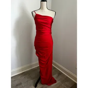 Lulus One Shoulder Maxi Dress Red Satin Asymmetrical Hem sz Small Party Wedding thumbnail 2