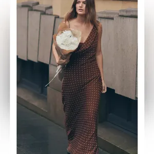 Zara NWT brown polka dot asymmetrical cowl draped detail midi maxi dress thumbnail 4