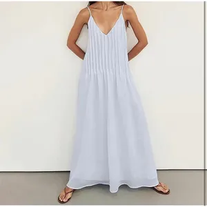 NEW Blue Cotton Pleated Spaghetti Strap Vacation Maxi Dress M thumbnail 9