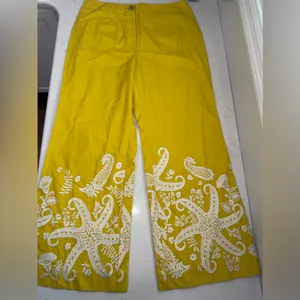 Anthropologie Yellow Wide Leg Pants with White Paisley thumbnail 6