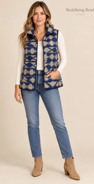 Entro Women Navy Blue Tan Southwestern Geometric Quilted Puffer Vest J8776 Large thumbnail 1