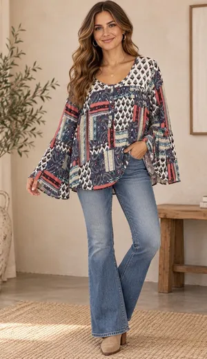 Massini Womens Large Patchwork Paisley Bell Sleeve Boho Peasant Blouse Top thumbnail 1
