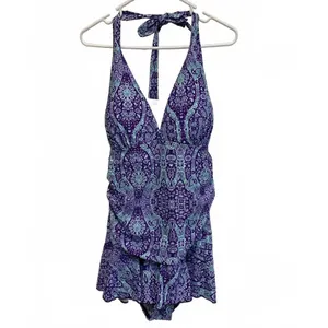 Sea & Sand Beachwear Violet Paisley Halter Swim Dress Plus Size 20W thumbnail 3