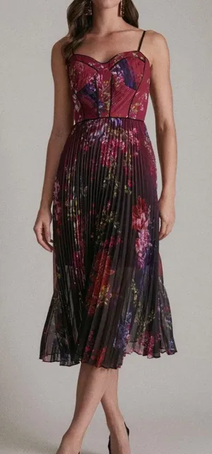 Karen Millen Floral Pleated Maxi Dress Burgundy Purple Corset 18 boho romantic thumbnail 1