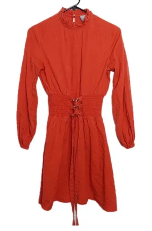ASOS Burnt Orange Mini Dress Smocked Corset Waist Long Sleeve Cotton‎ S Pumpkin thumbnail 1