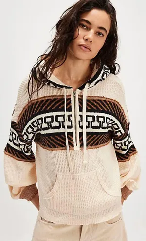 Free People Cardiff Waffle Knit Hoodie Pullover Top Size Medium thumbnail 1