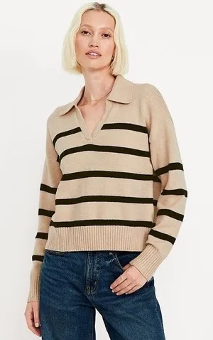 Old Navy Striped Cotton Polo Sweater Women Large Tall Tan Striped Preppy Knit‎ thumbnail 1